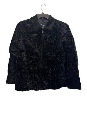 Denim & Co. Womens Black Faux Fur Zip-Up Jacket Medium Made In Hong Kong